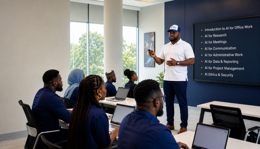 African professionals learning practical AI in a modern classroom